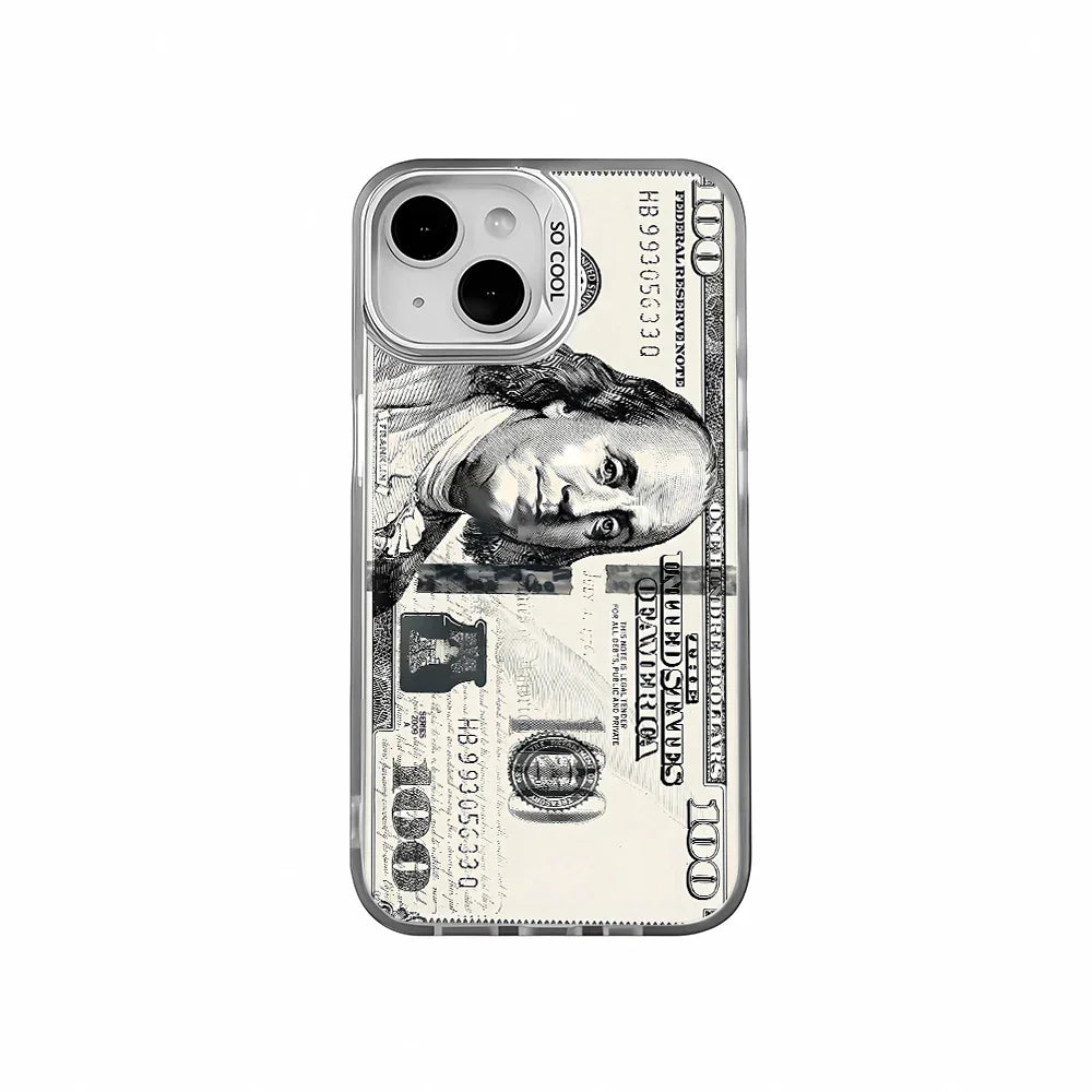 Coque de téléphone transparente avec design billet de 100 dollars et caméra double, style moderne