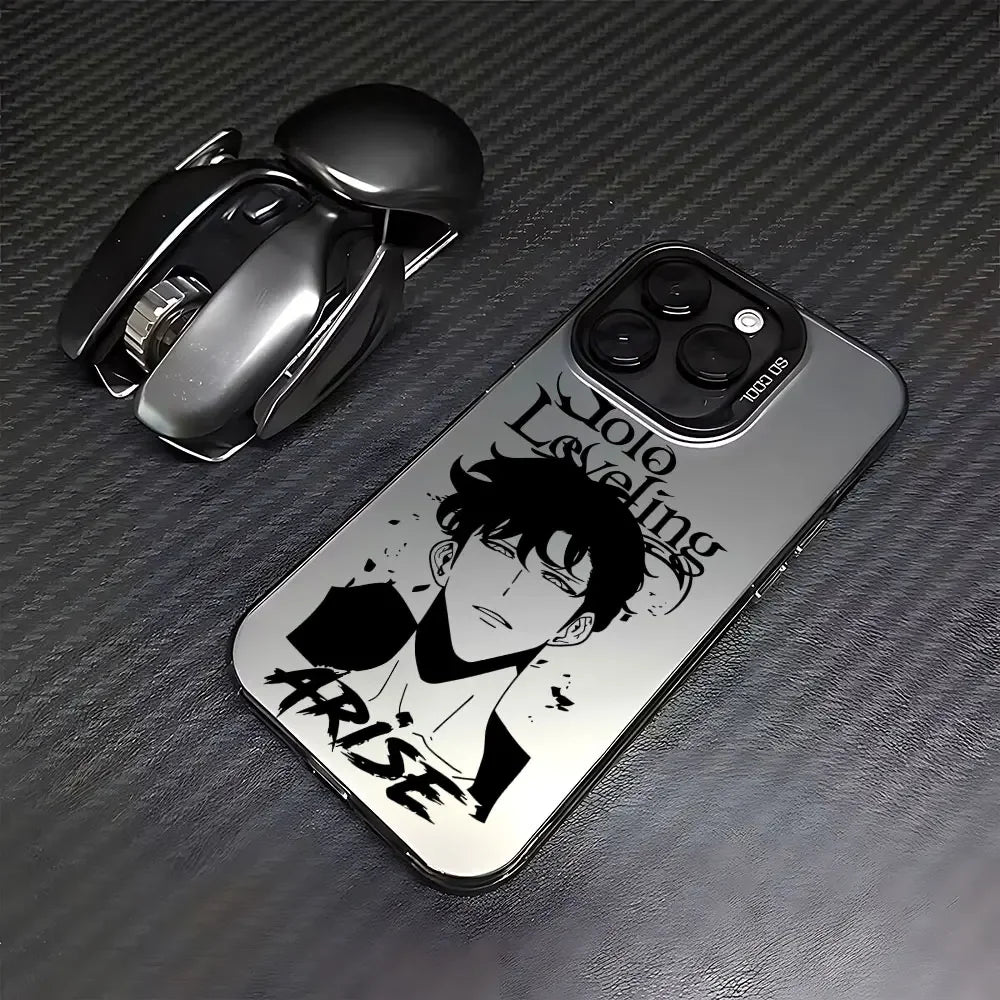 Coque de téléphone miroir avec illustration manga Arise Solo Leveling sur fond textile noir