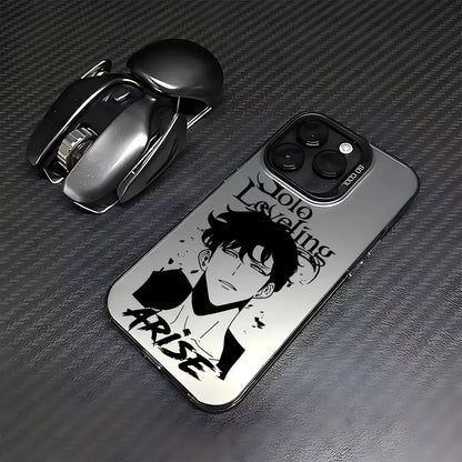 Coque de téléphone miroir avec illustration manga Arise Solo Leveling sur fond textile noir