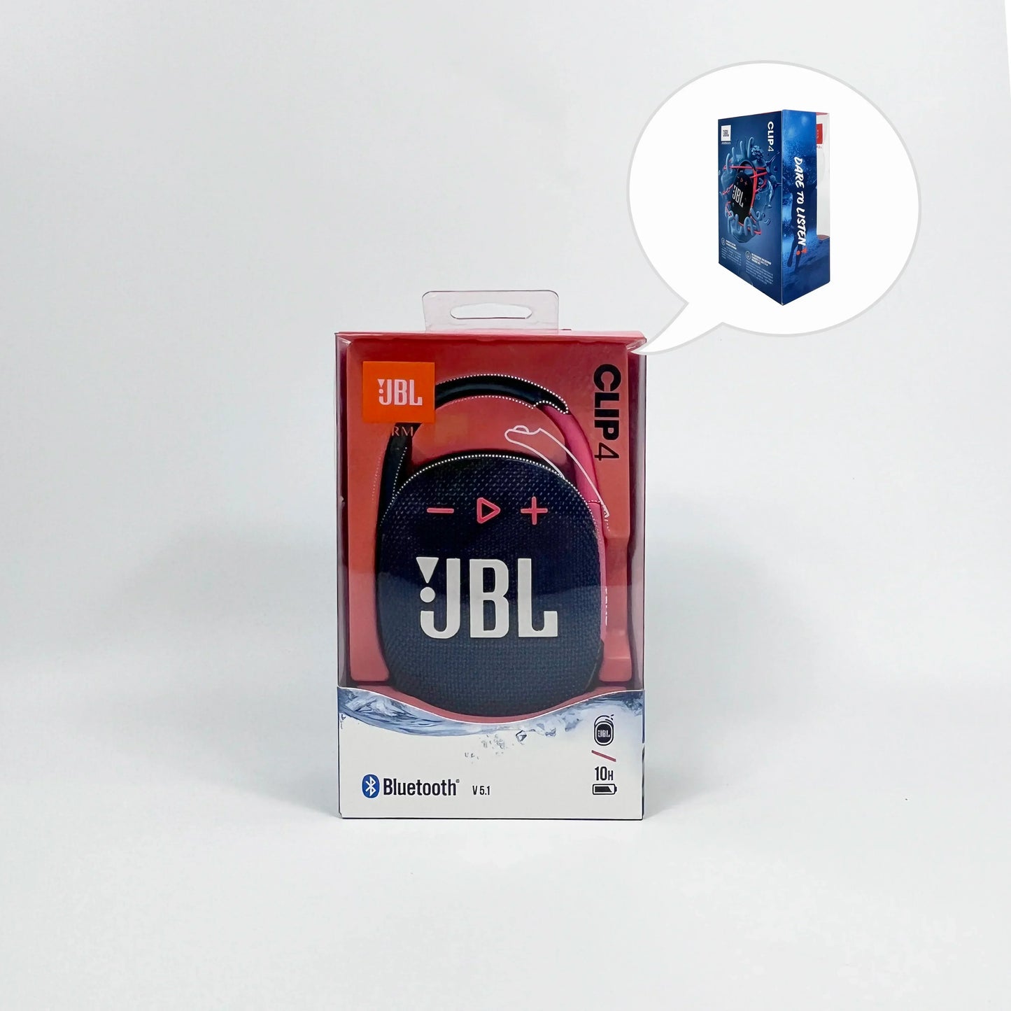 Enceinte portable Bluetooth JBL Clip 4 avec design bleu marine et rose en emballage transparent