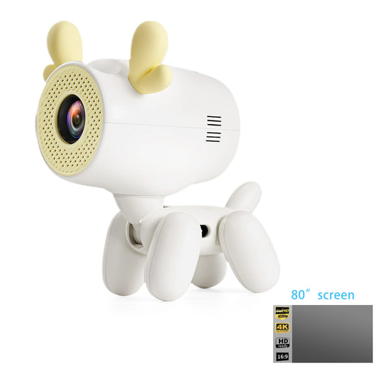 Mini projecteur design chien blanc avec écran 80 pouces Full HD 1080p 4K UHD