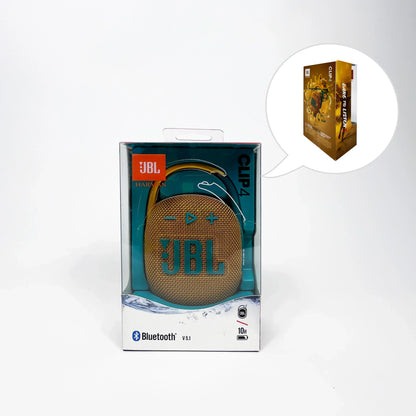 Enceinte Bluetooth JBL Clip 4 compacte jaune en emballage transparent, étanche, 10h de batterie
