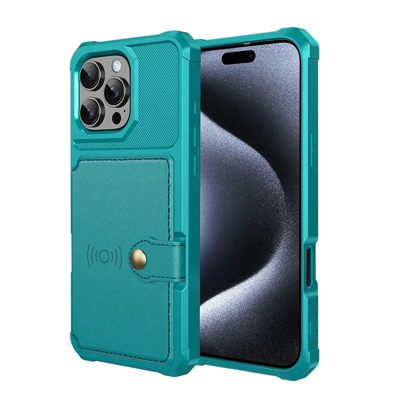 Coque de protection verte avec porte-cartes et fermeture à bouton pour smartphone moderne