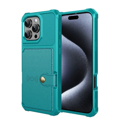 Coque de protection verte avec porte-cartes et fermeture à bouton pour smartphone moderne