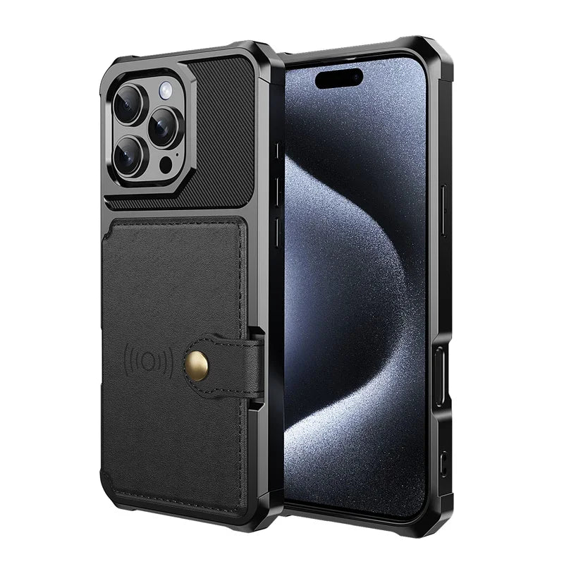 Coque de protection noire robuste avec porte-cartes en cuir pour smartphone haut de gamme