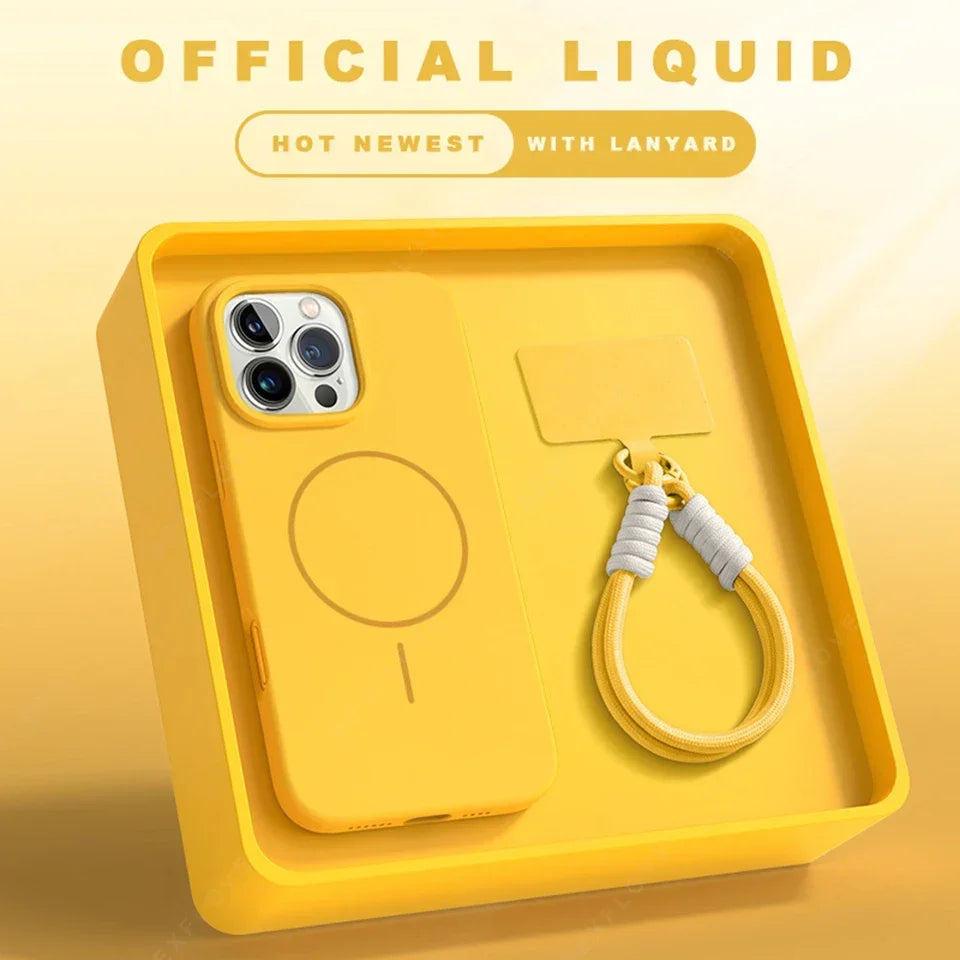 Coque de téléphone jaune avec support magnétique et lanière assortie dans un coffret jaune