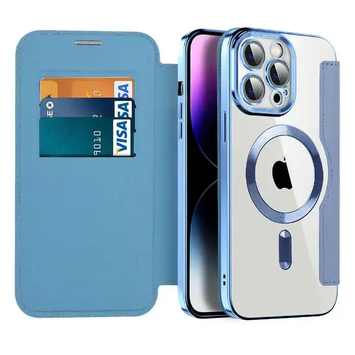 Étui portefeuille bleu pour iPhone avec rangement carte Visa, protection caméra triple lentille