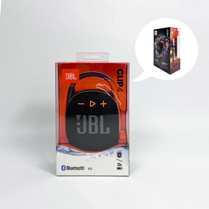 Enceinte Bluetooth portable JBL Clip 4 noire dans son emballage avec logo JBL et batterie 10h