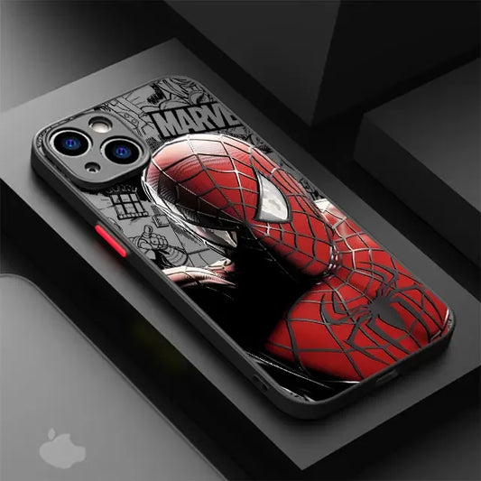 Coque de téléphone iPhone avec design Spider-Man Marvel en rouge et noir sur fond de bandes dessinées