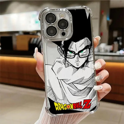 Coque de téléphone transparente avec illustration de Dragon Ball Z et personnage en lunettes vertes
