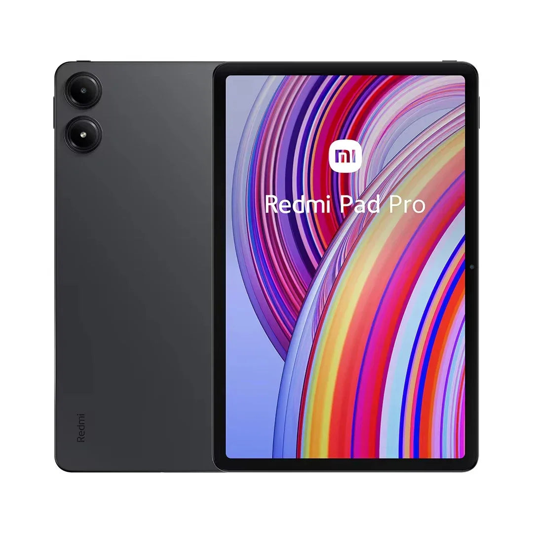 Tablette Redmi Pad Pro gris graphite affichant un écran coloré avec doubles caméras arrière