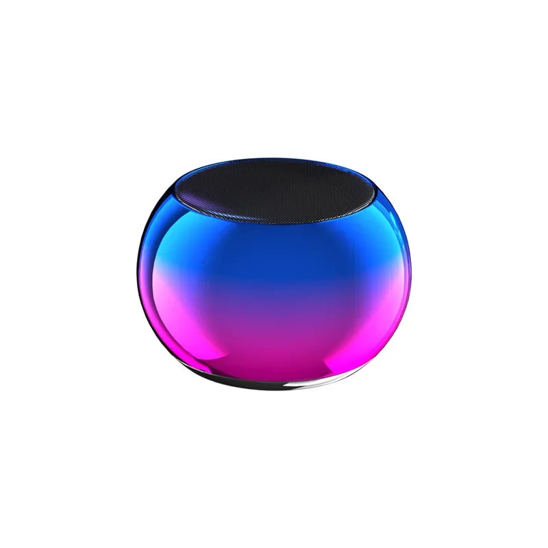 Enceinte Bluetooth portable ronde aux reflets bleu et violet avec grille noire