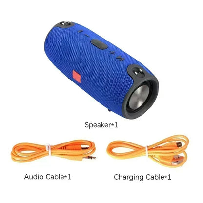 Enceinte Bluetooth portable bleue avec câbles audio et de charge orange inclus