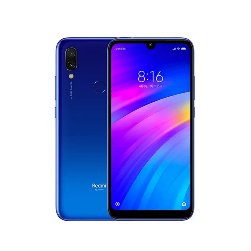 Smartphone Redmi bleu avec double caméra arrière, écran HD coloré et lecteur d'empreintes digitales