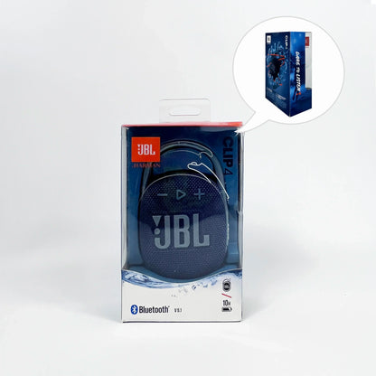 Enceinte Bluetooth JBL Clip 4 bleue avec étui transparent et fonction étanche 10h d'autonomie