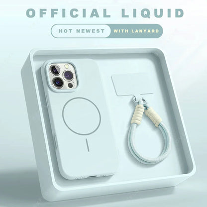 Coque de téléphone blanche avec système magnétique et lanière assortie dans un emballage minimaliste