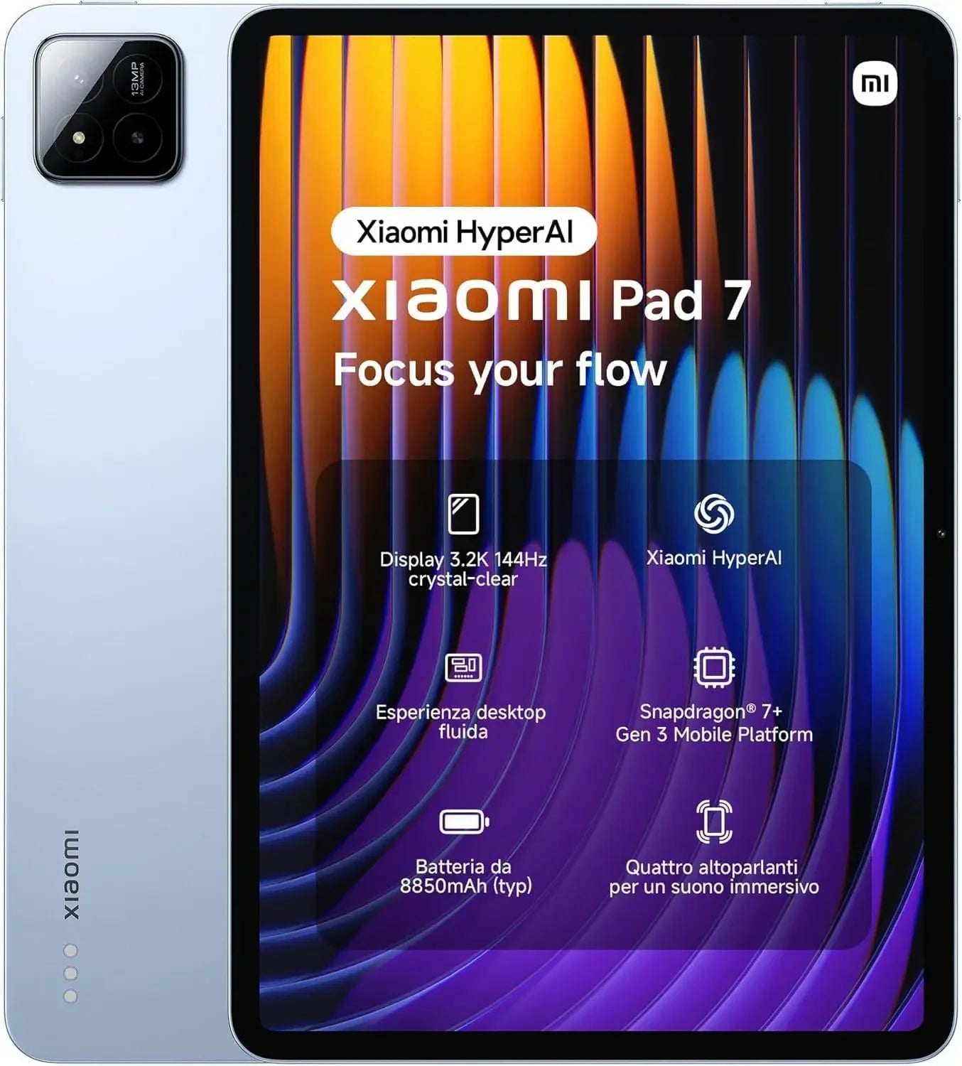 Tablette Xiaomi Pad 7 bleue avec écran 3.2K 144Hz et quadruple haut-parleurs immersifs