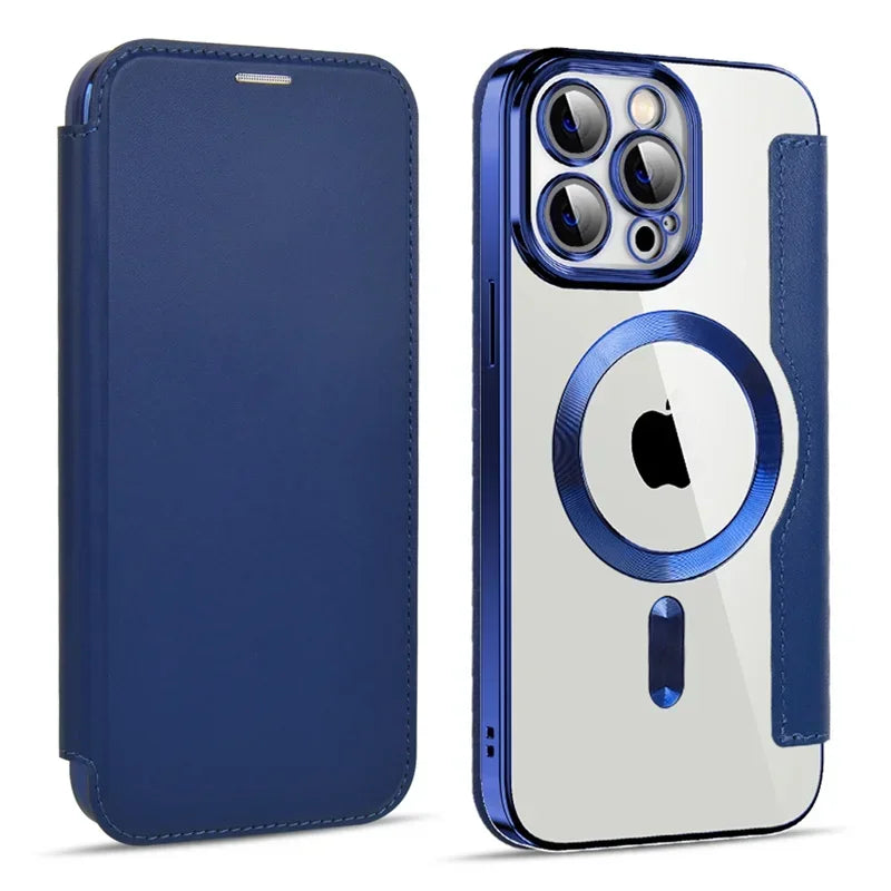 Coque de téléphone magnétique bleue avec protection à rabat pour iPhone, design moderne et élégant