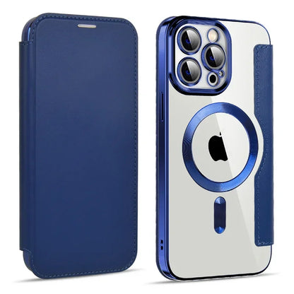 Coque de téléphone magnétique bleue avec protection à rabat pour iPhone, design moderne et élégant