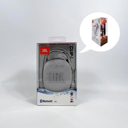Enceinte Bluetooth JBL Clip 4 argentée en emballage transparent, 10h autonomie, version 5.1