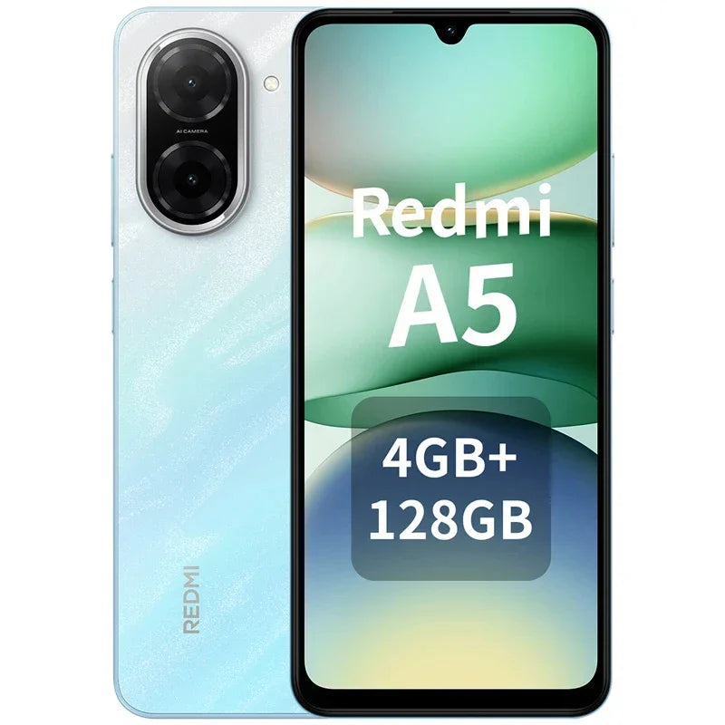 Smartphone Redmi A5 bleu océan avec double caméra AI, 4GB RAM et 128GB stockage
