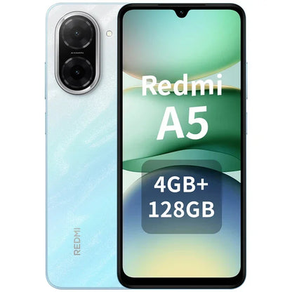 Smartphone Redmi A5 bleu océan avec double caméra AI, 4GB RAM et 128GB stockage