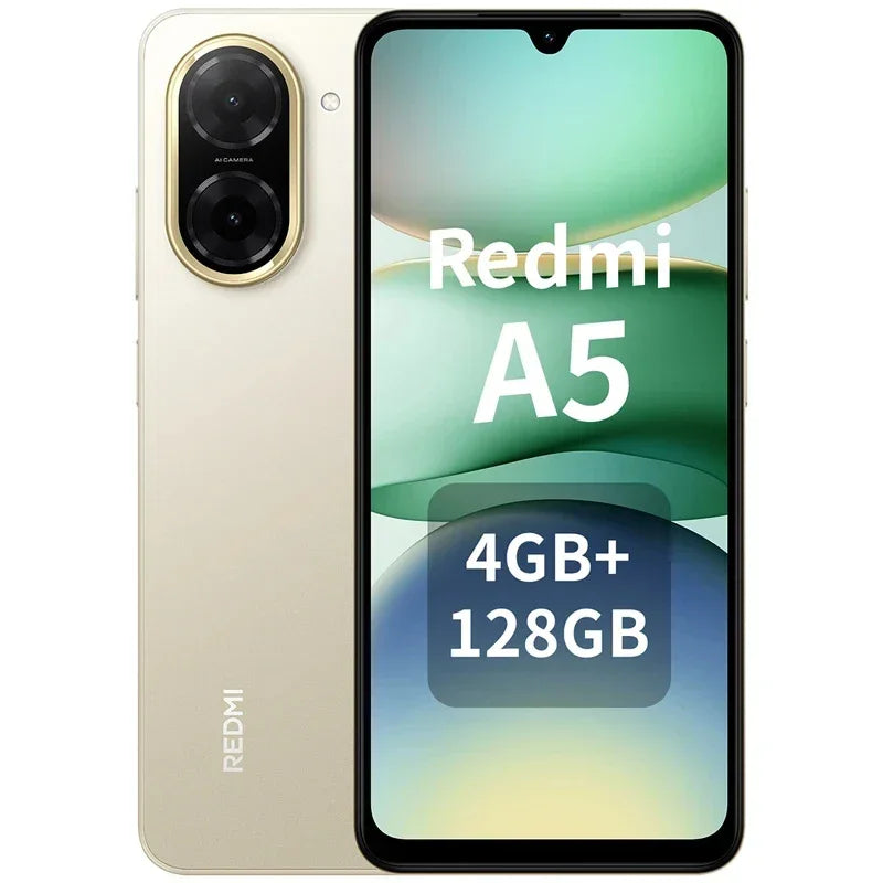 Smartphone Redmi A5 couleur dorée sable avec double caméra AI, 4GB RAM, 128GB stockage