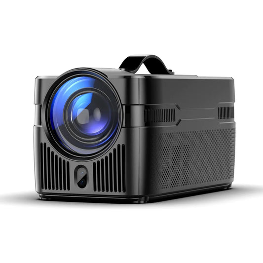 Projecteur numérique noir avec lentille bleue intense et boîtier ventilé, sur fond blanc