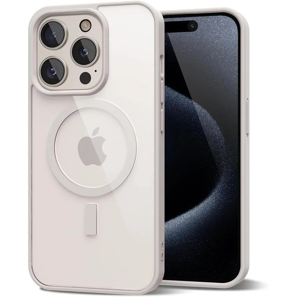 Coque de protection blanche pour iPhone avec support MagSafe intégré et caméras visibles
