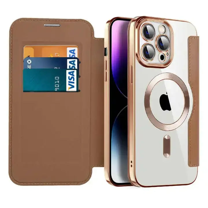 Coque de téléphone avec protection rigide blanche et or, portefeuille avec emplacement cartes Visa brun