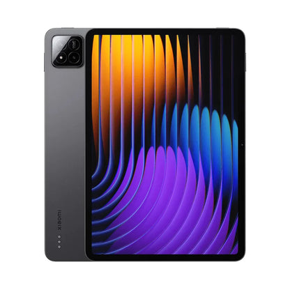 Tablette Xiaomi grise avec écran couleur abstrait vibrant et triple caméra arrière