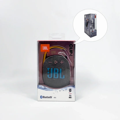 Enceinte portable Bluetooth JBL Clip 4 grise avec boîtier transparent et dragonne jaune