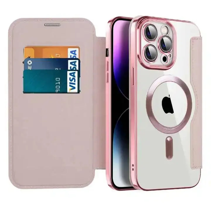 Coque portefeuille rose pour iPhone avec compartiments cartes et protection lentille triple caméra