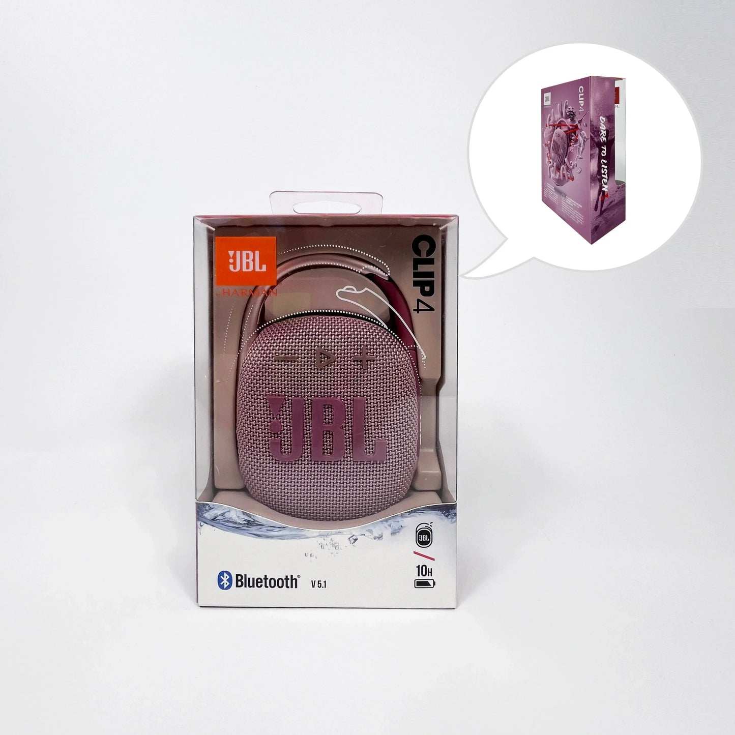 Enceinte Bluetooth JBL Clip 4 rose dans emballage, autonomie 10h, design compact et portable
