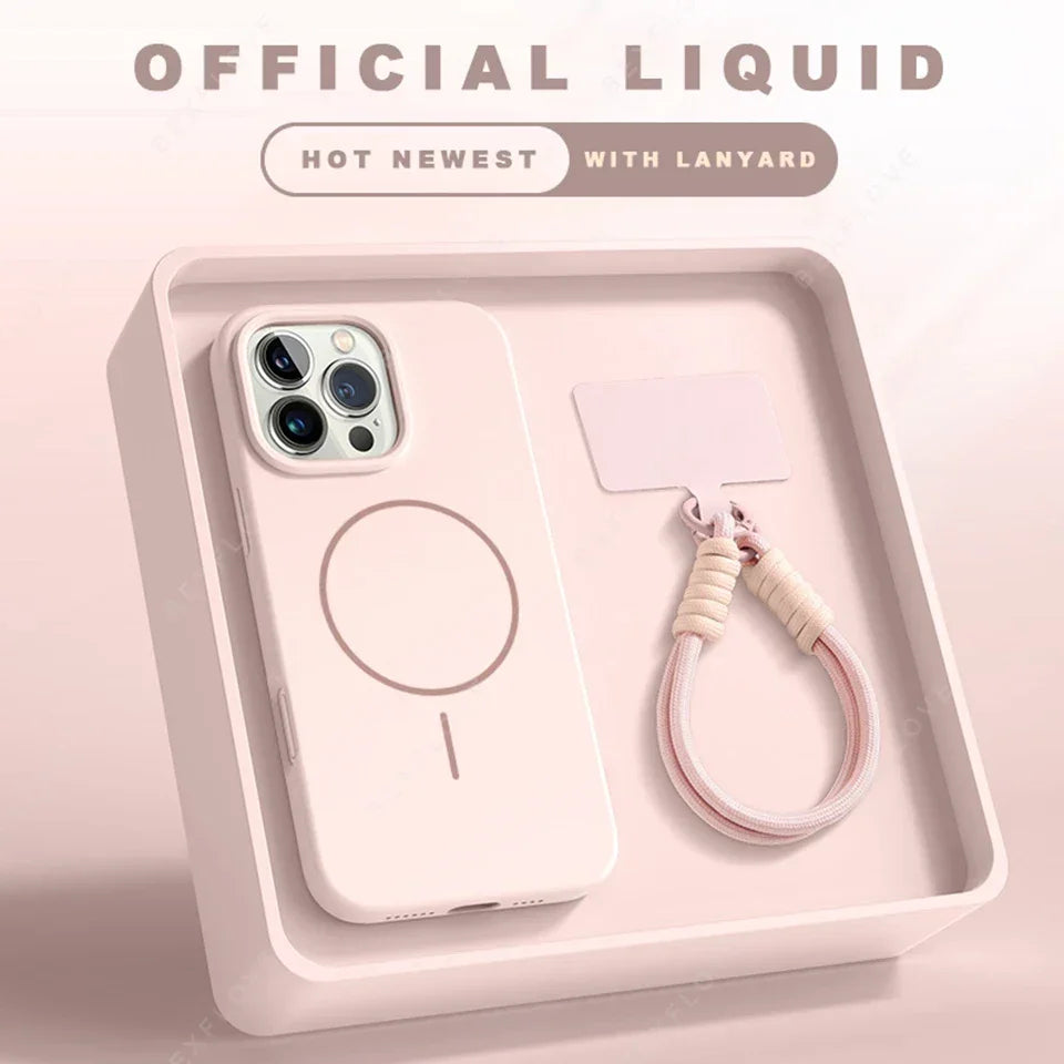 Coque de téléphone rose avec attache tour de cou assortie dans un coffret minimaliste