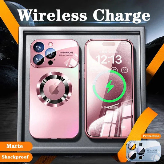 Coque de téléphone rose mat avec protection autofocus et charge sans fil affichée sur deux smartphones
