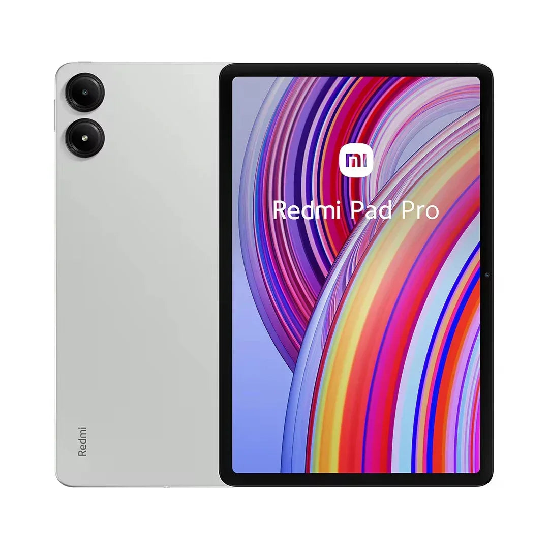 Tablette Redmi Pad Pro gris clair avec écran affichant des cercles colorés et logo Redmi