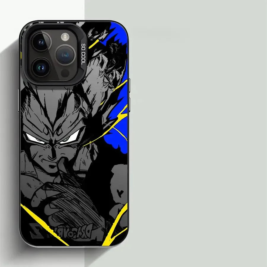 Coque iPhone avec illustration manga Dragon Ball Z, personnage en noir et blanc, éclairs jaune et fond bleu