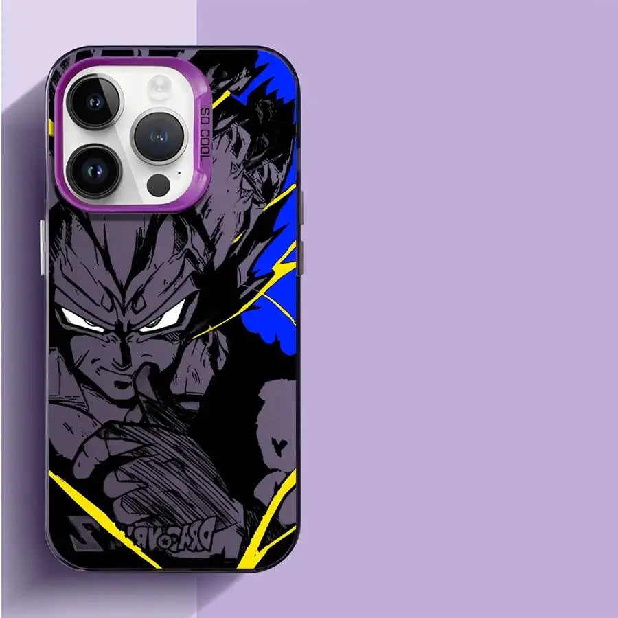 Coque de téléphone iPhone avec design Dragon Ball Z, personnage animé en noir, bleu et jaune, bord violet