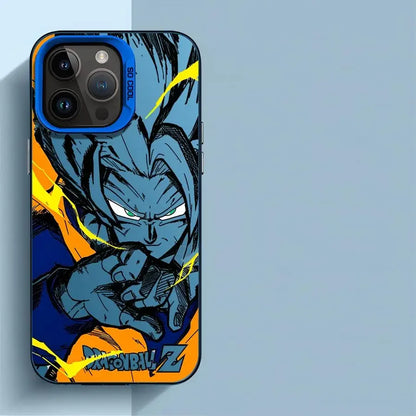 Coque iPhone Dragon Ball Z avec illustration Goku en bleu et orange, éclairs jaunes