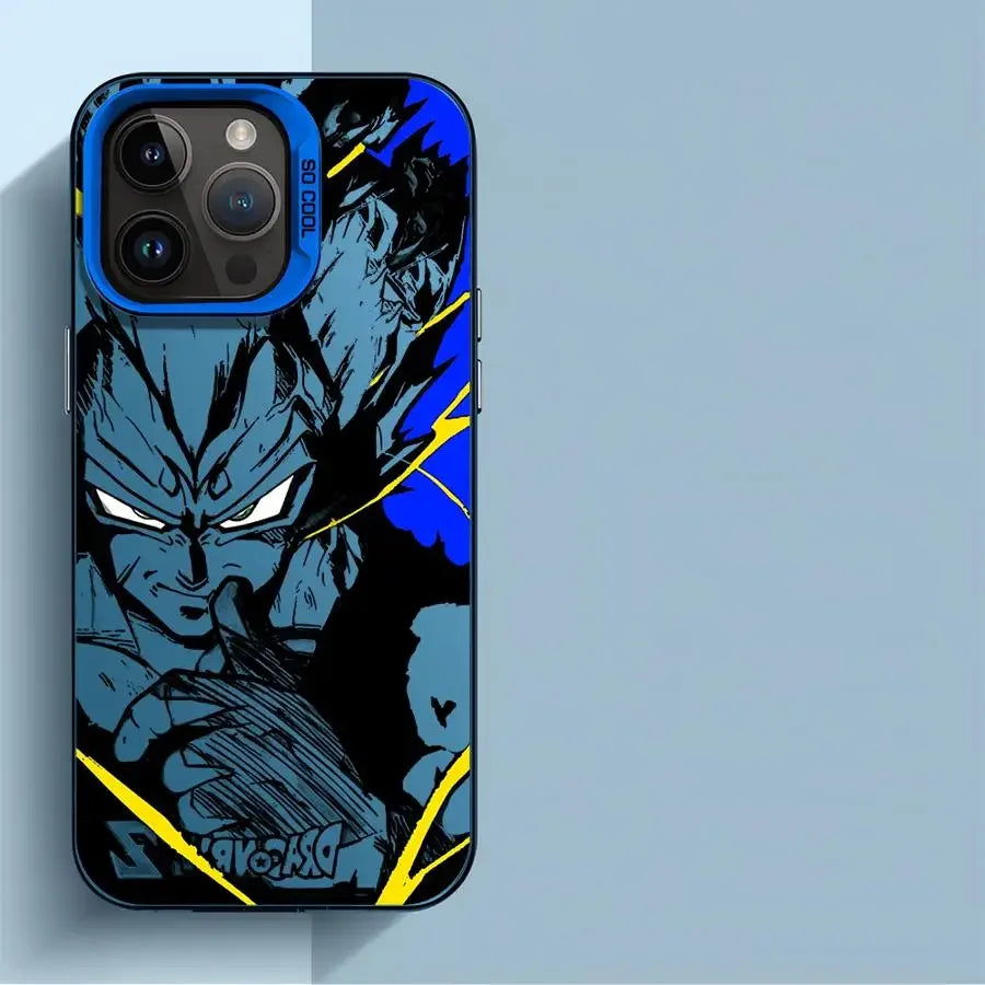 Coque iPhone Dragon Ball Z avec personnage animé bleu et éclairs jaunes sur fond noir et bleu