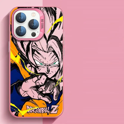 Coque de téléphone rose Dragon Ball Z avec Goku en dessin animé, éclairs jaunes et logo en bas
