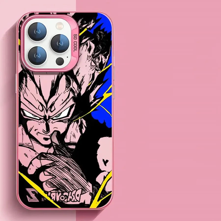 Coque iPhone rose avec illustration Dragon Ball Z style manga, personnage violet et éclairs jaunes