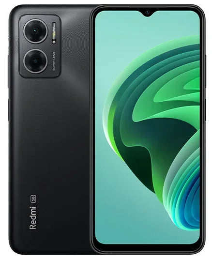 Smartphone Redmi noir avec double caméra arrière et écran large affichant fond d'écran vert