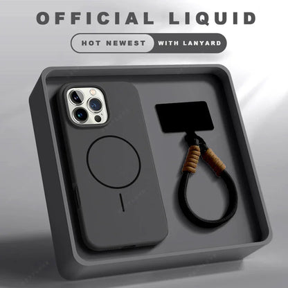 Coque noire pour iPhone avec anneau magnétique et lanière, emballage officiel élégant