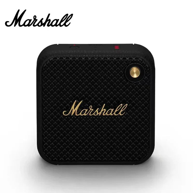 Enceinte Bluetooth compacte Marshall noire avec logo doré et grille texturée