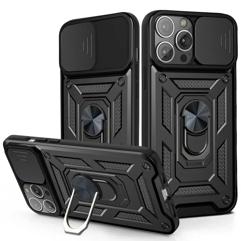 Coque de téléphone noire robuste avec anneau support et protection glissière pour lentille caméra