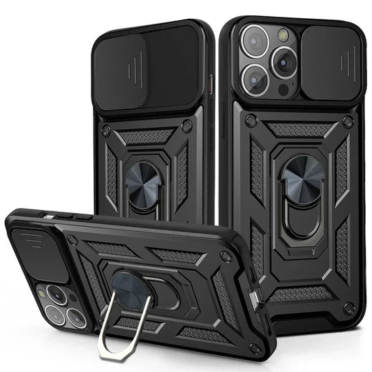 Coque de téléphone noire robuste avec anneau support et protection glissière pour lentille caméra