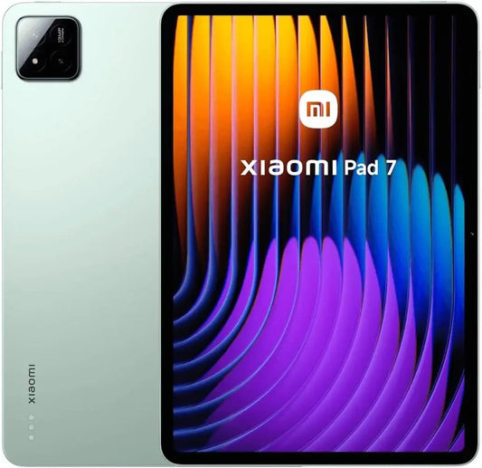 Tablette Xiaomi Pad 7 vert pastel avec écran allumé couleur orange, bleu et violet, appareil photo arrière double
