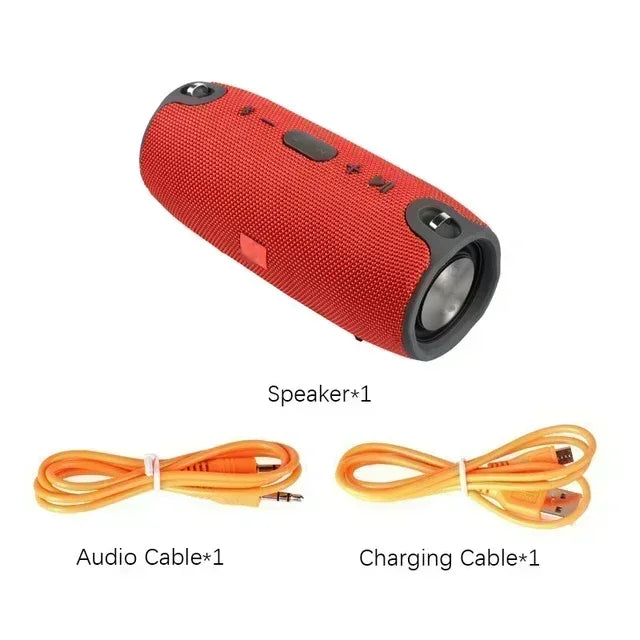 Enceinte Bluetooth rouge portable avec câble audio orange et câble de charge USB